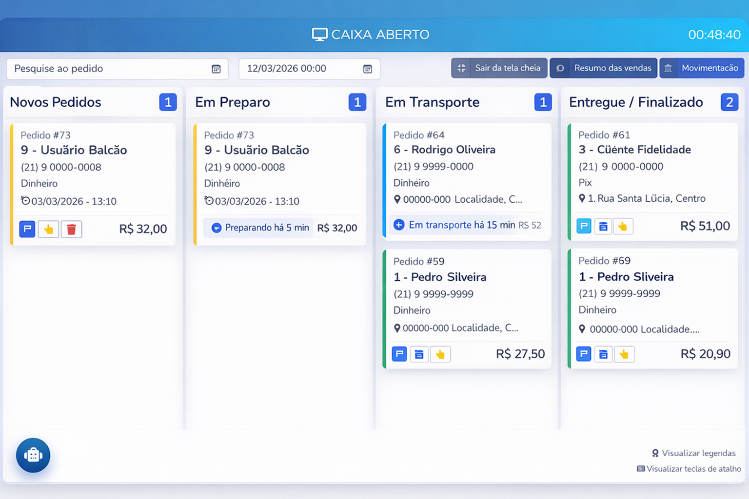 Tela principal do sistema Jallan Delivery 
